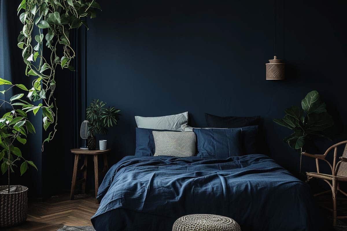 dark bedroom with blue walls and bed