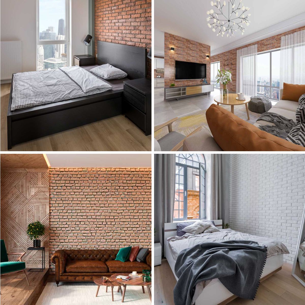 different interiors with brick walls
