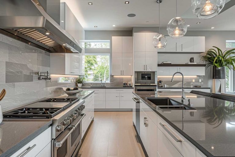 galley kitchen with stove island gray countertops
