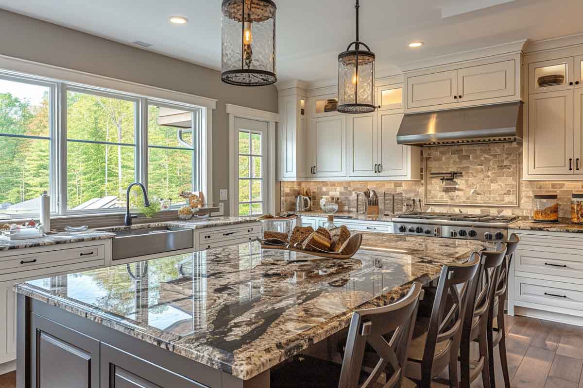 kitchen with granite countertop on island and pendant lights