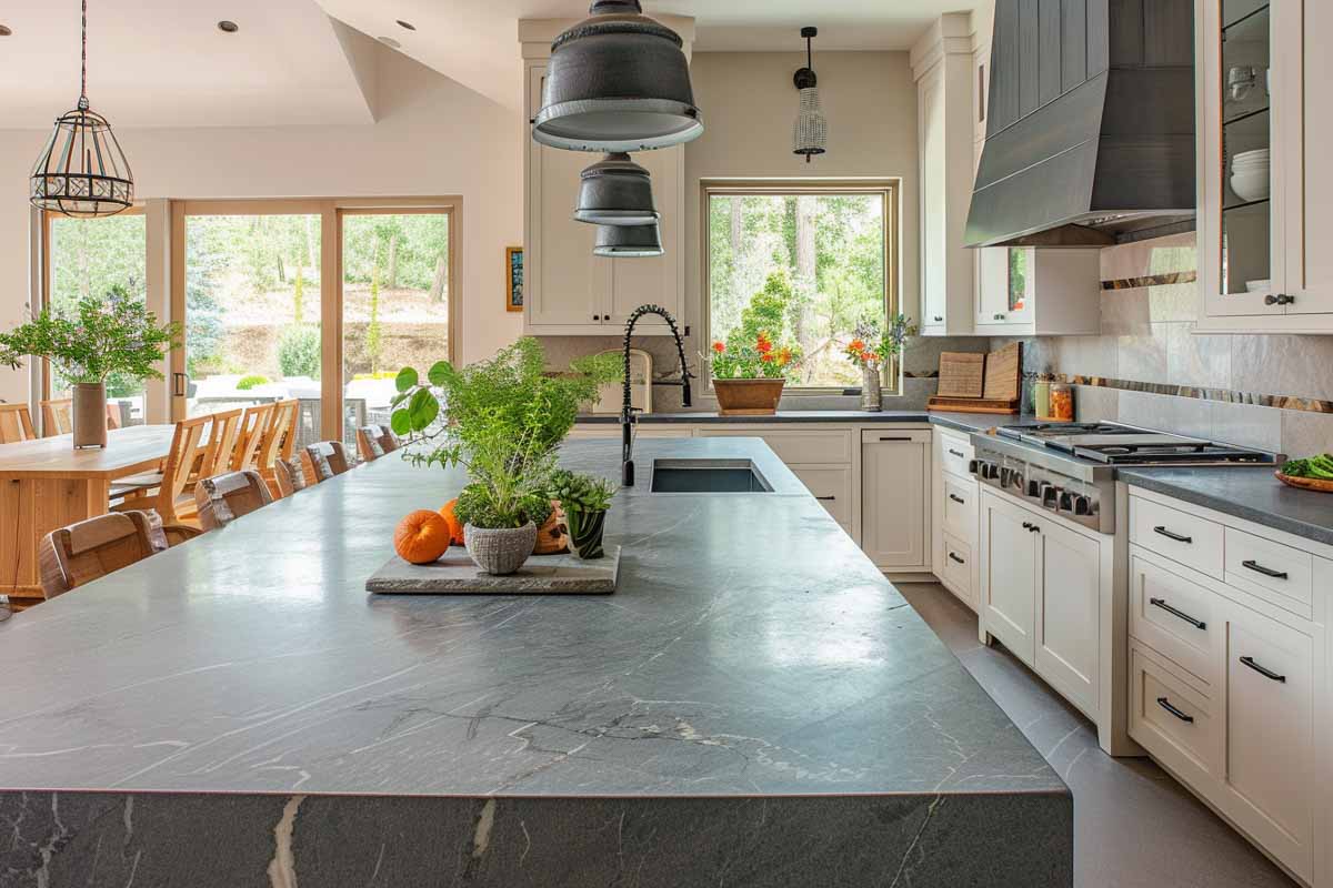 kitchen with gray soapstone counter