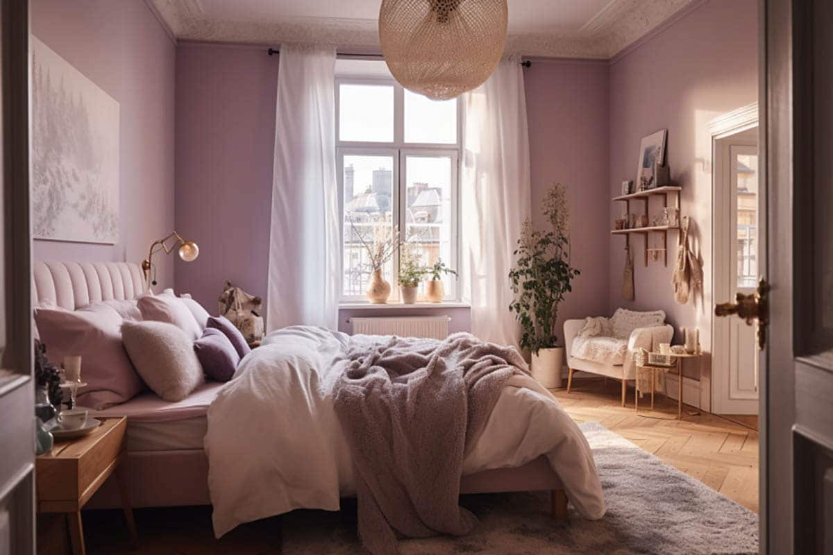 lavender paint and blush pink bedroom