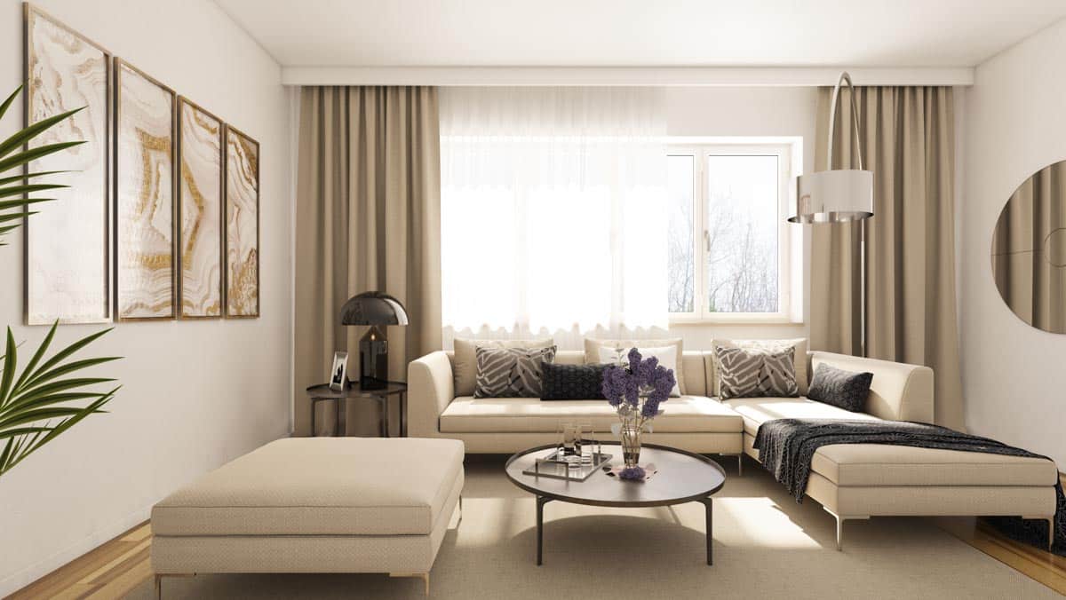living room with beige curtains