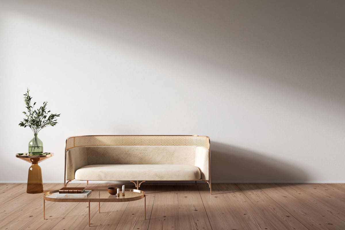 minimalist room with sofa and wood flooring