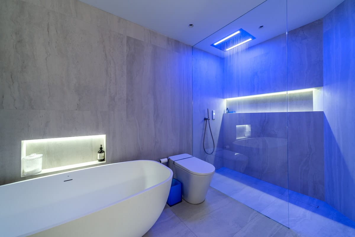 bathroom with rainfall shower lighting and tub