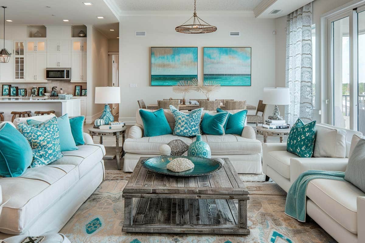 coastal room with teal pillows