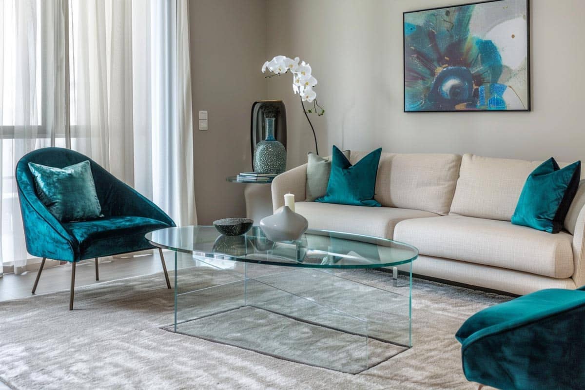 cream colored sofa in room with teal accent chair