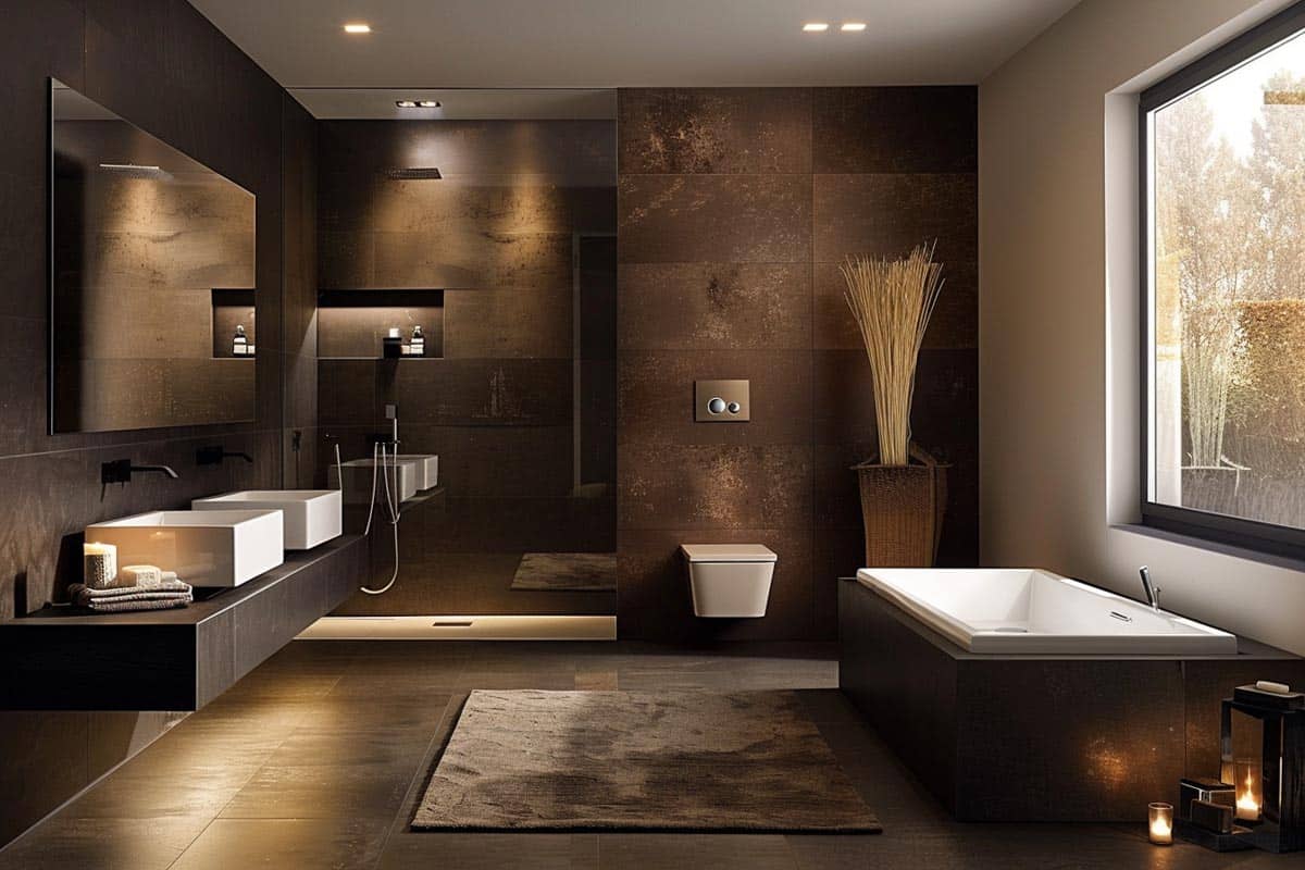 dark brown bathroom with window ceiling lights and rug
