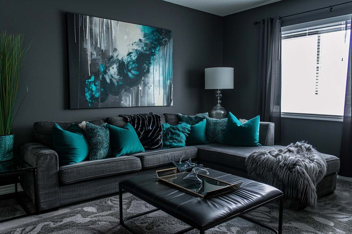 dark gray living room with teal pillows