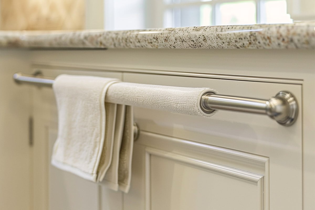 kitchen with cabinet towel rod