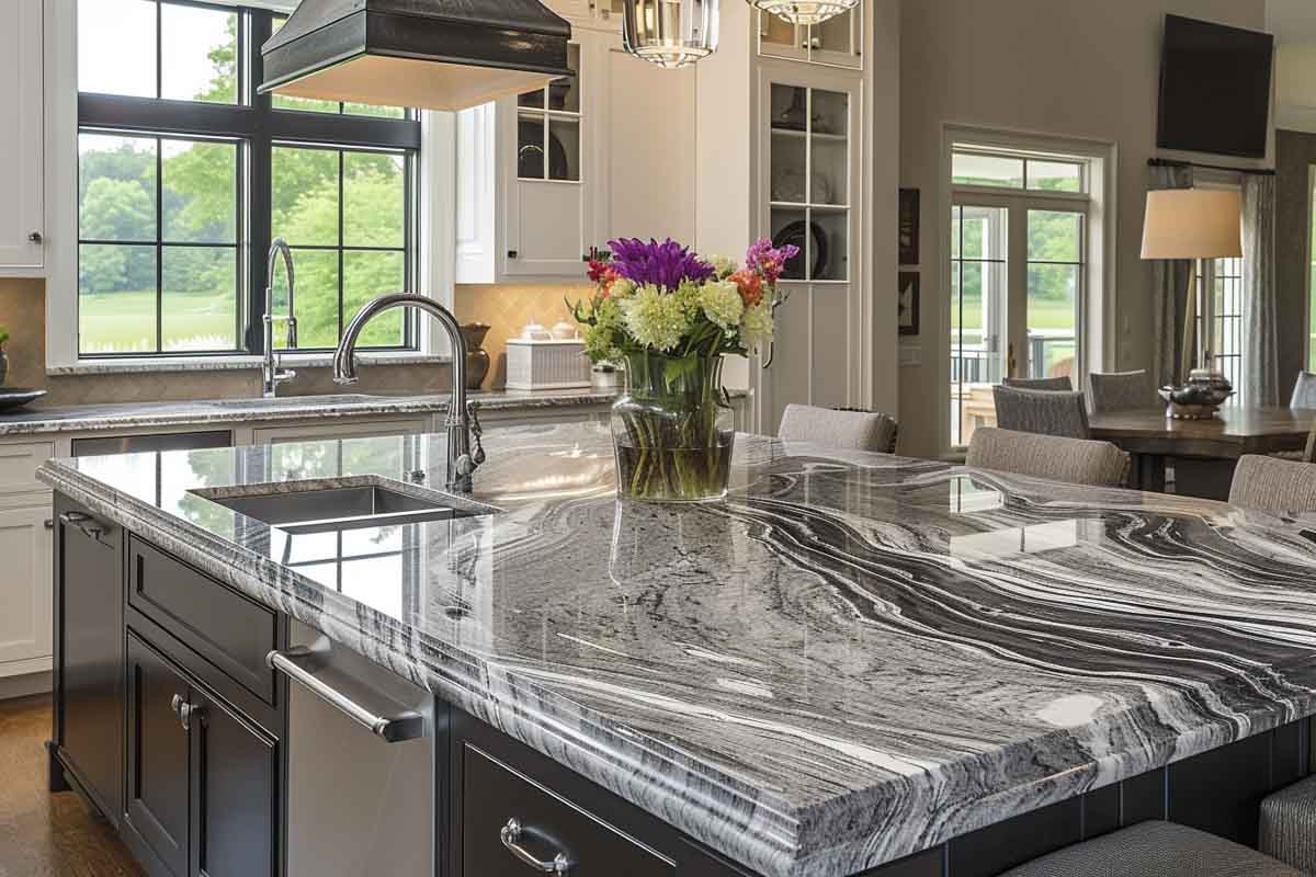 kitchen with countertop made of silver cloud granite