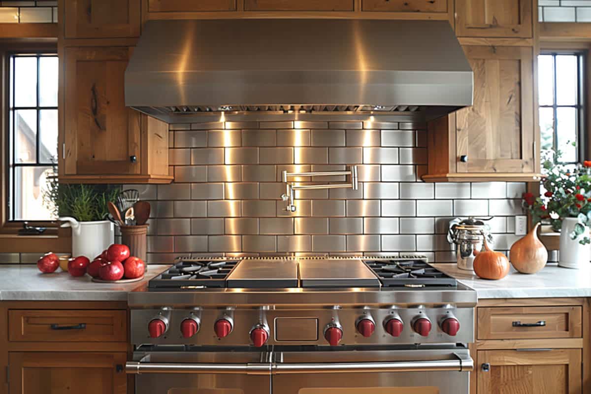 Metal tile backsplash in kitchen with wood grain cabinetry