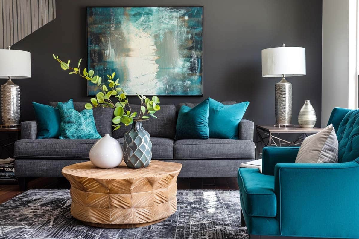 living room with coffee table pillows and lamps