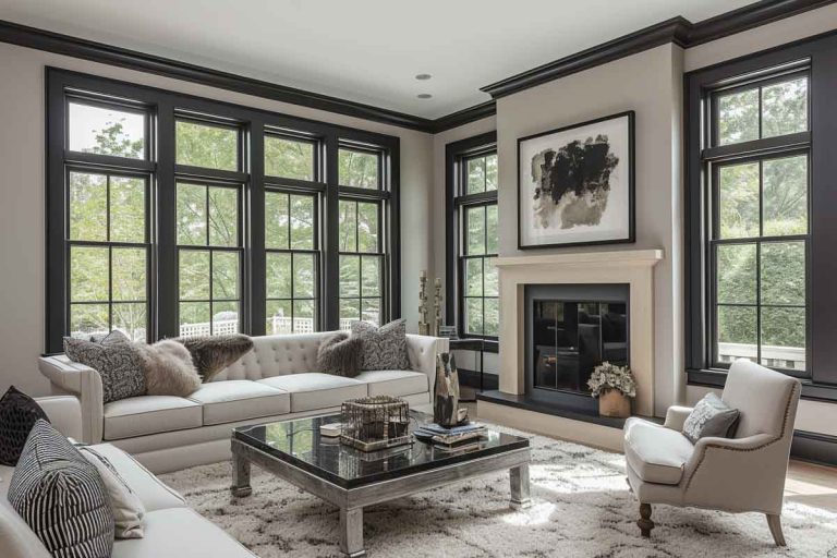 living room with gray walls and charcoal trim