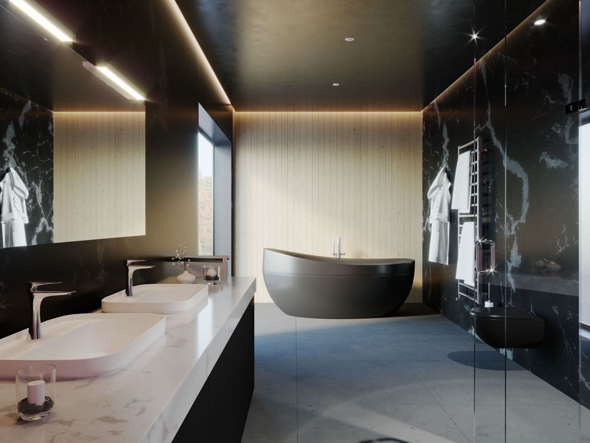 luxury bathroom with black marble walls tub and mirror
