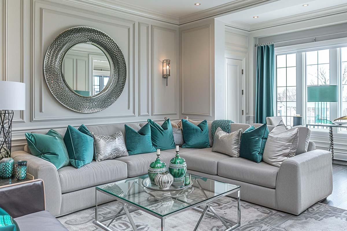 luxury living space with mirror on wall and glass coffee table