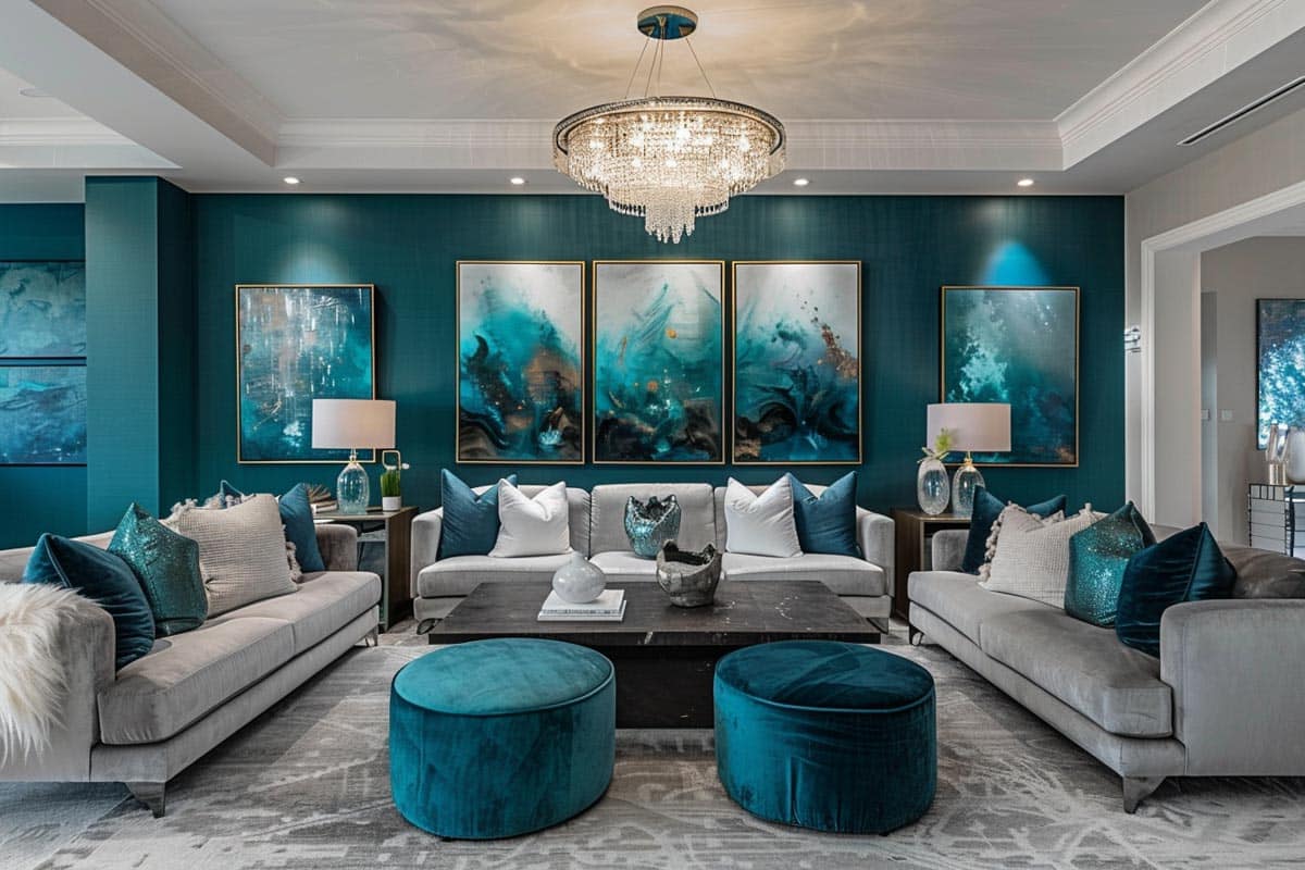 luxury room with ottoman poufs sofas and chandelier