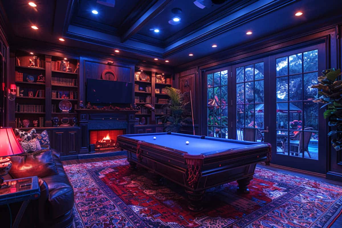Exotic lighting in man cave with billiards