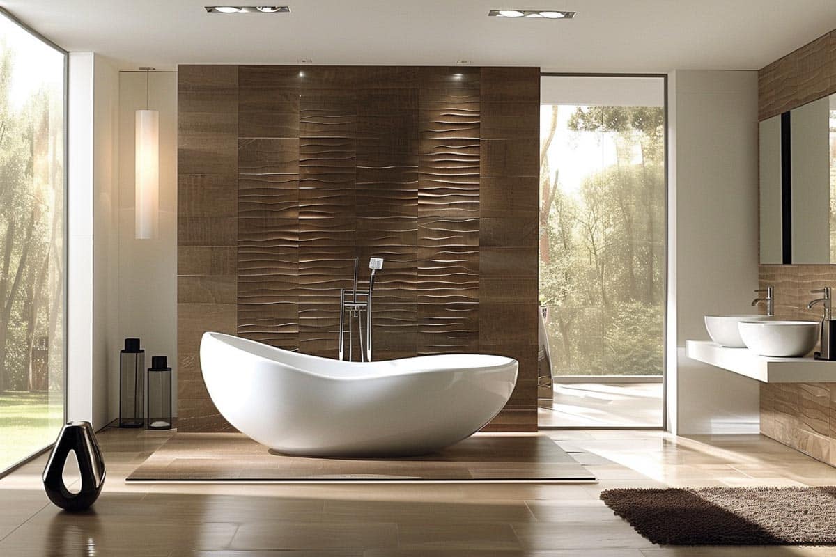modern bathroom with tub natural brown accent wall and large windows