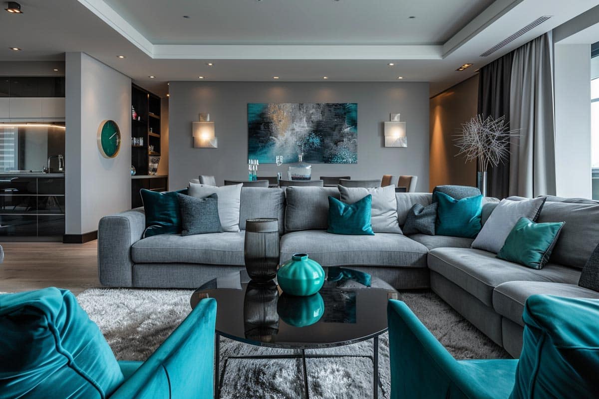 modern living area with gray teal colors