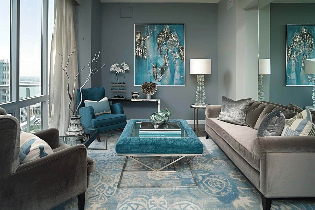 modern room with teal and gray color scheme