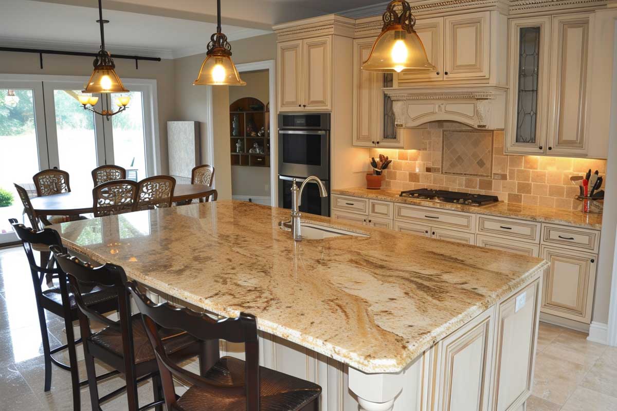new venetian gold countertop in kitchen with white cabinets