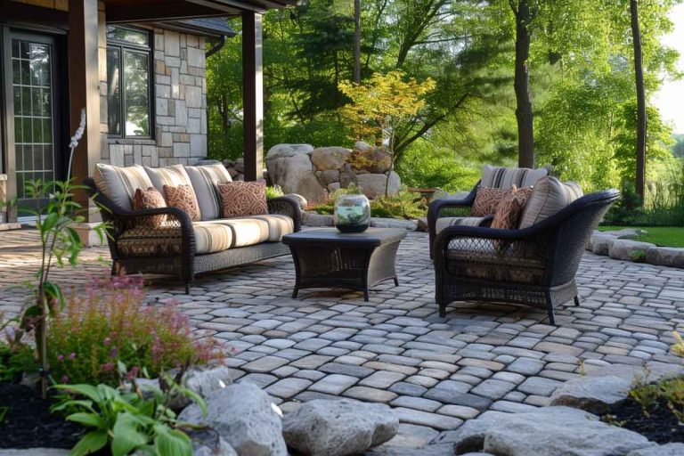 outdoor patio with cobblestone pavers