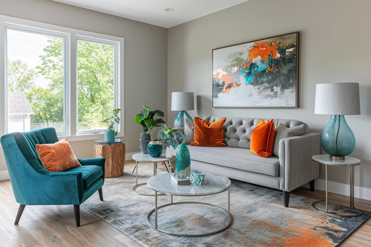 room with accent chair and orange pillows