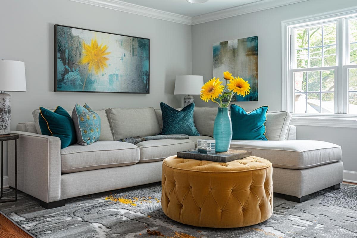 room with gray walls and mustard pouf