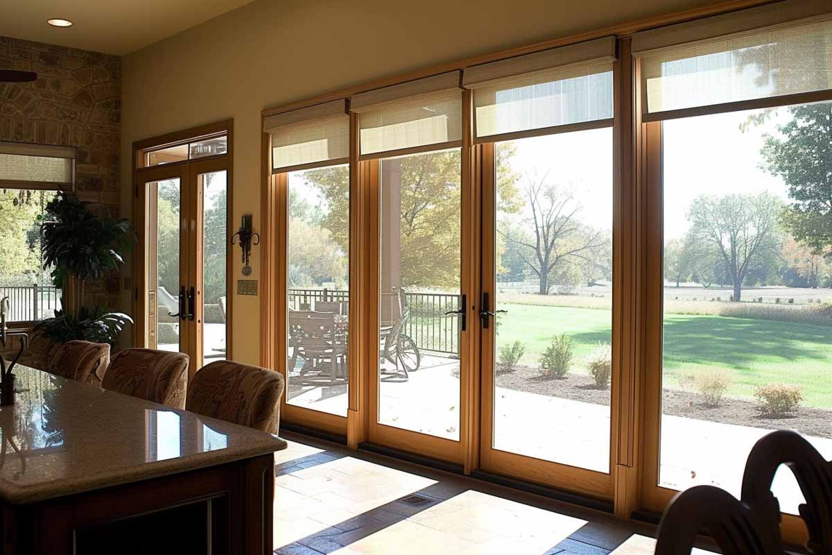 room with patio doors and built in blinds