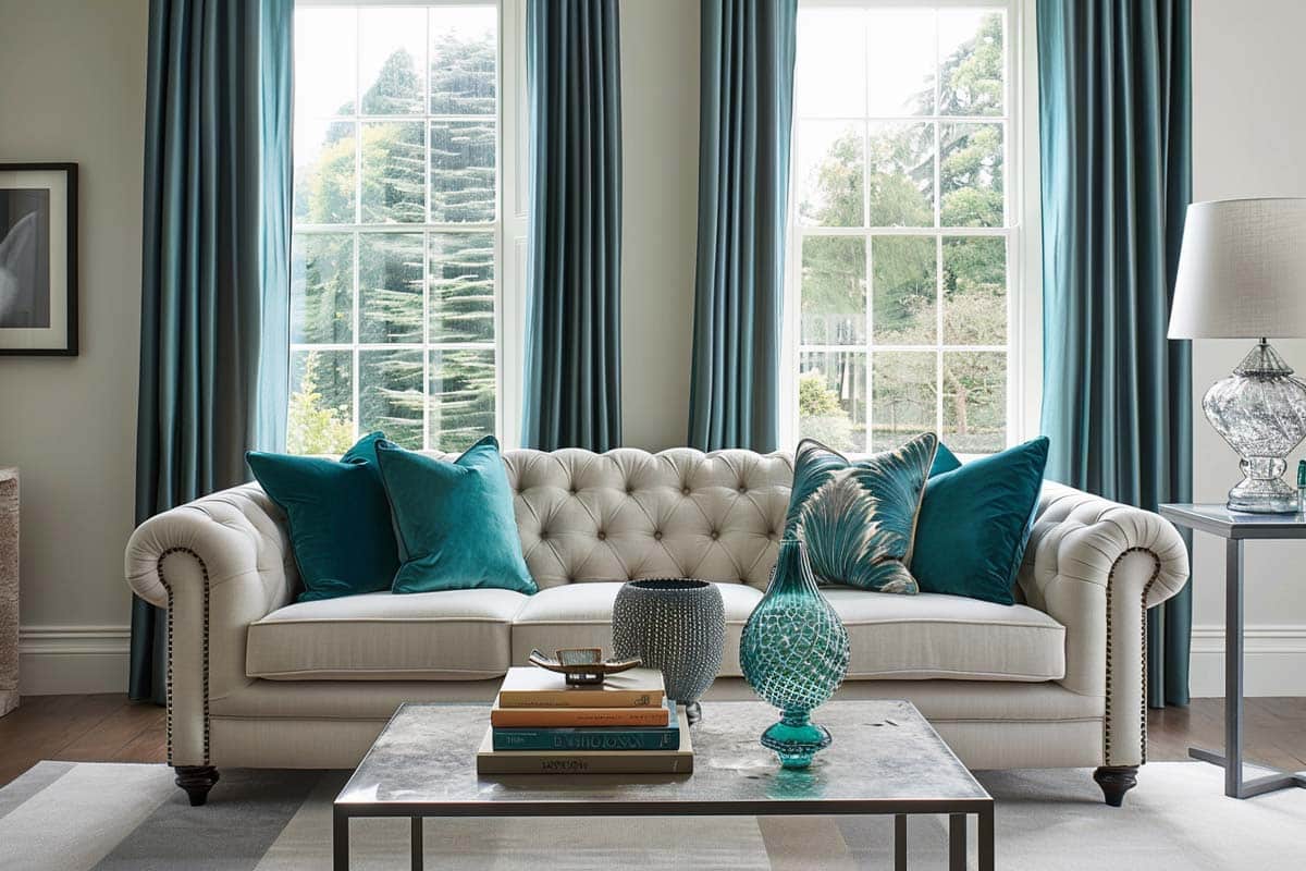 room with teal curtains