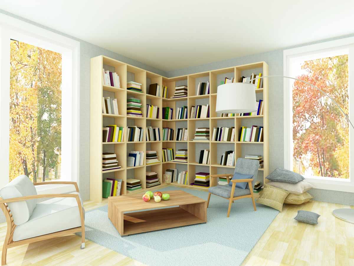room with wood bookshelves