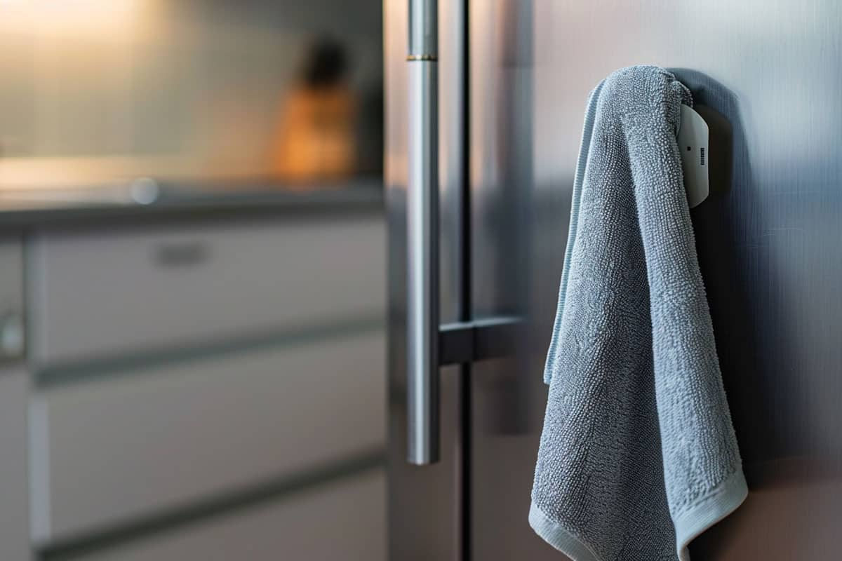 towel hanging from fridge door