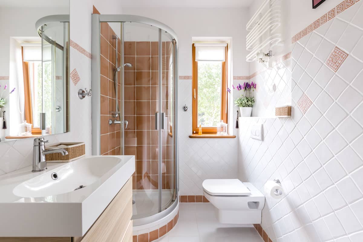 white bathroom with toilet and shower enclosure