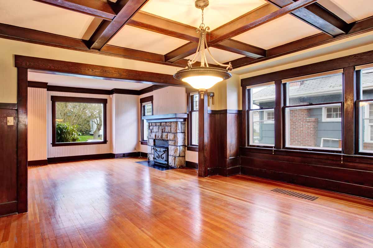 wood paneled coffered ceiling living area