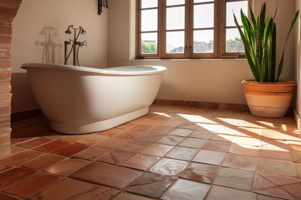 bathroom with saltillo tile floors and indoor plant