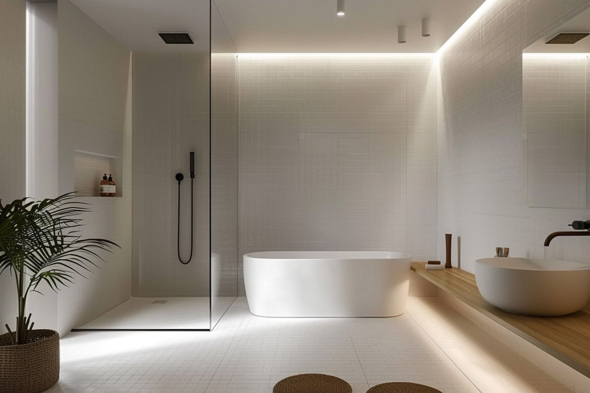 Scandi bathroom with shower area sink and accent lighting