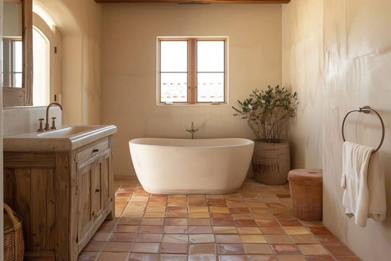 bathroom with towel holder tub and saltillo tile floors