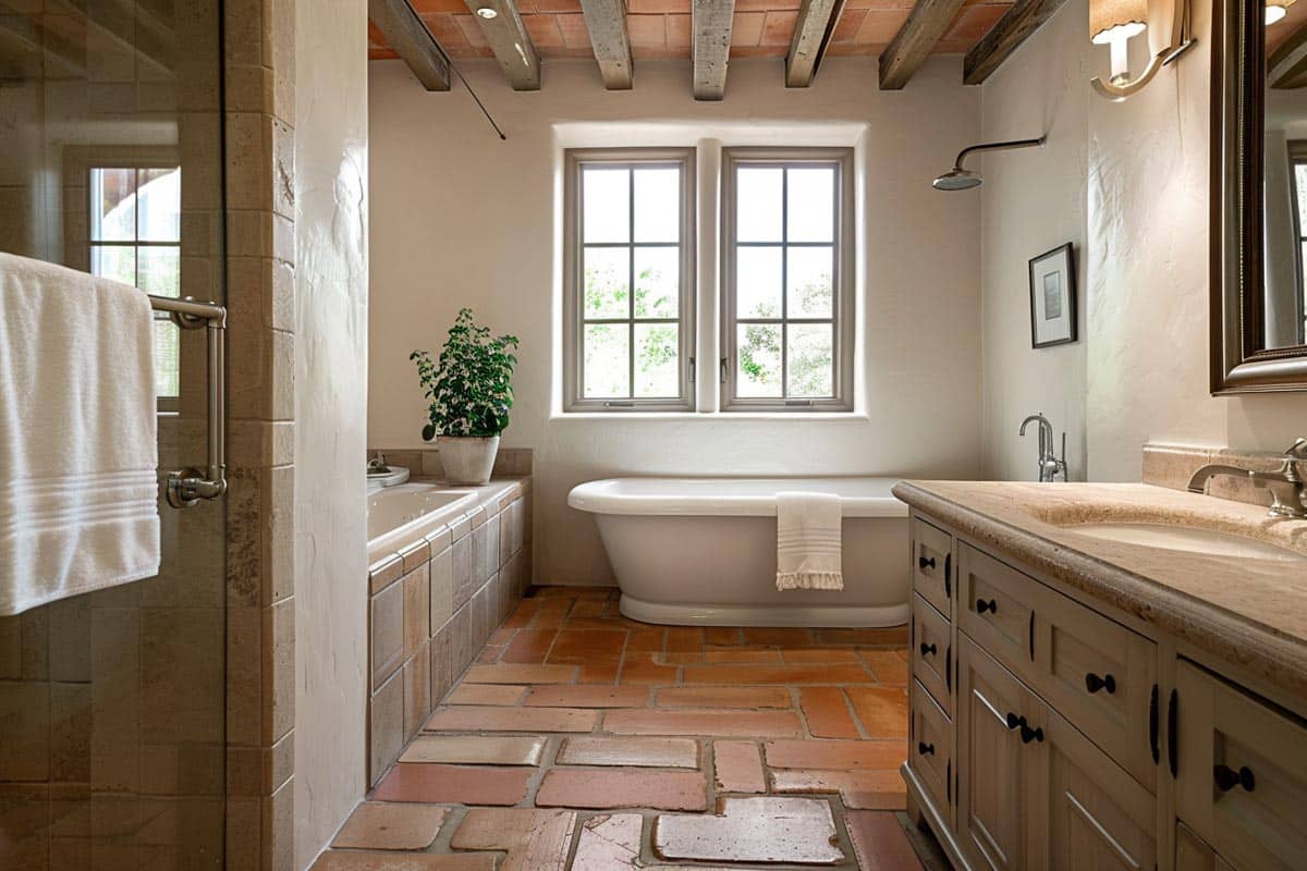 bathroom with windows countertop and tile flooring
