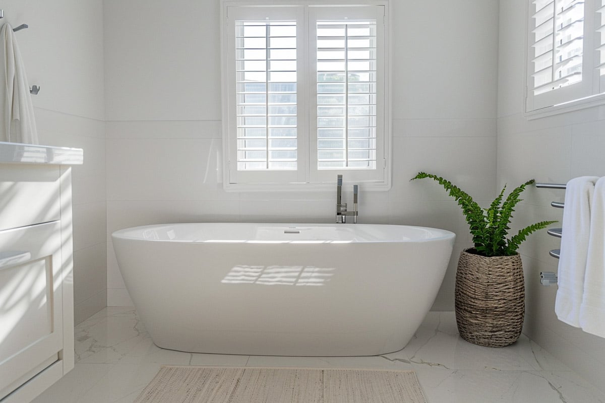 bright bathroom with plant tub and blinds