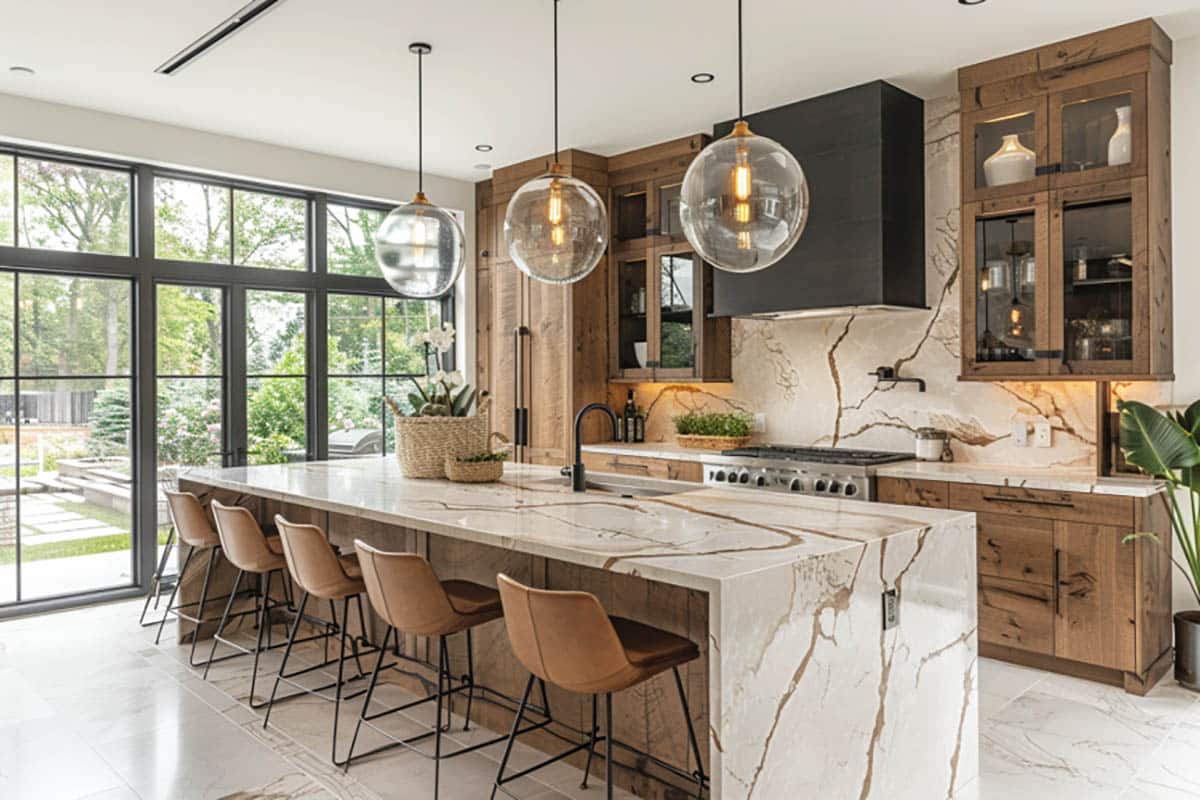 Contemporary kitchen style with large quartz island