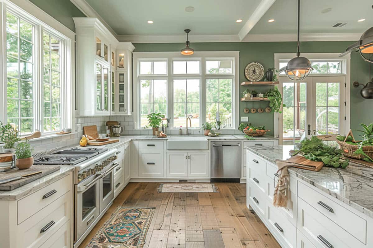 Craftsman kitchen with light green color and white cabinetry