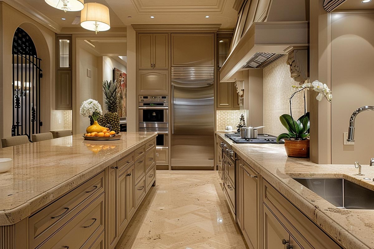 galley style kitchen with countertops and cabinets