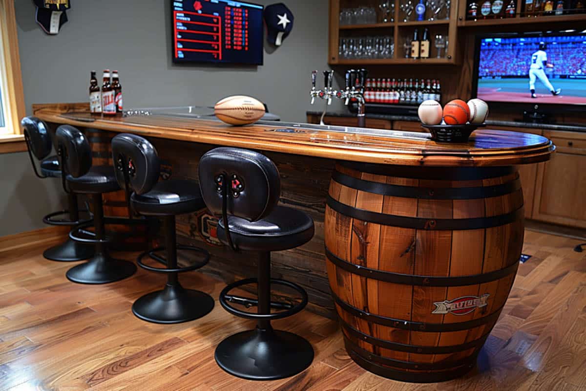 Sports bar with wine barrel countertop and team decor