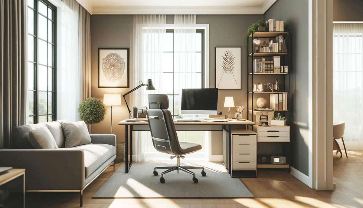 Home office with desk, chair, couch, floor lamp and bookshelves