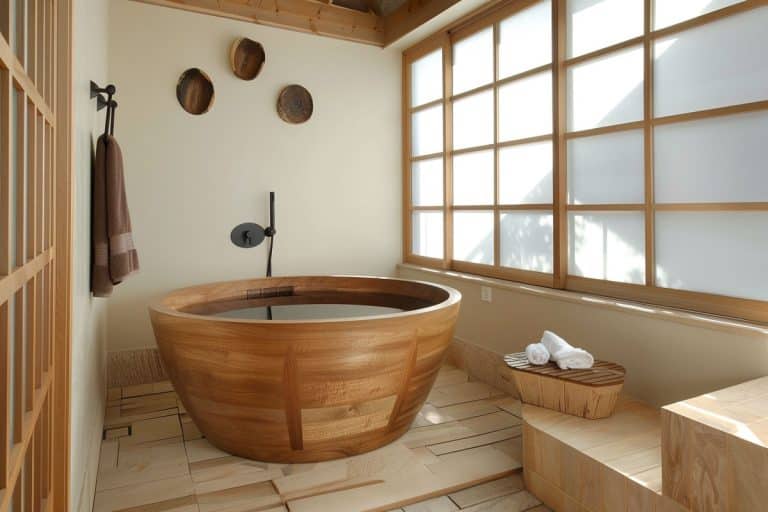 japanese soaking tub inside bathroom with windows
