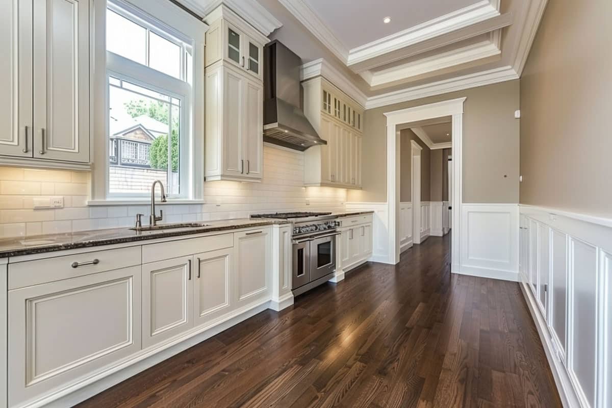 kitchen with white wainscoting and wood floor