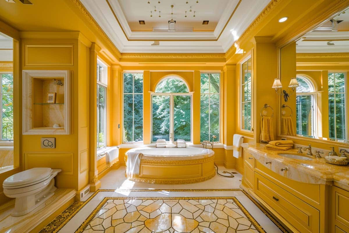 luxury bathroom with tub windows and mirror
