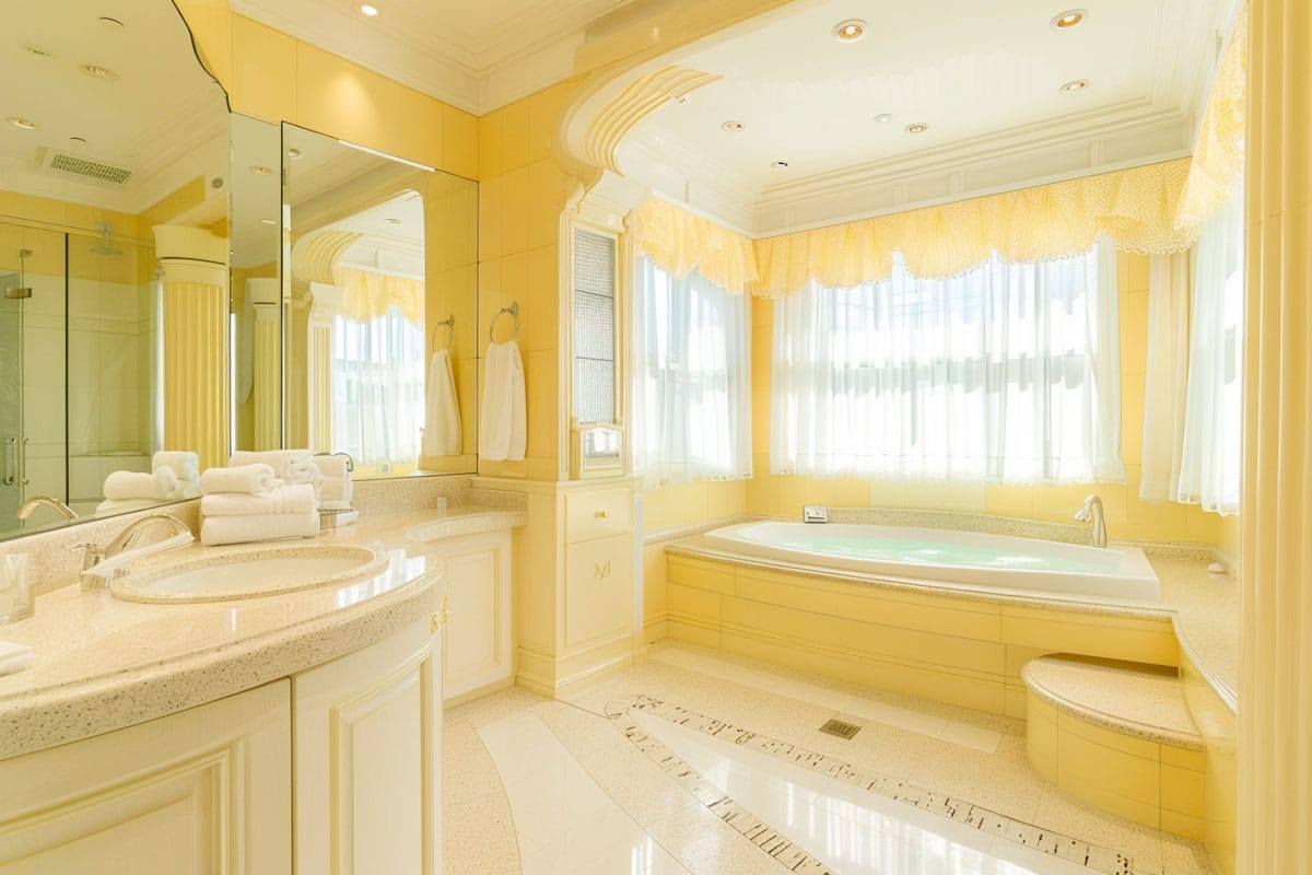 luxury kitchen with light yellow color scheme and tub