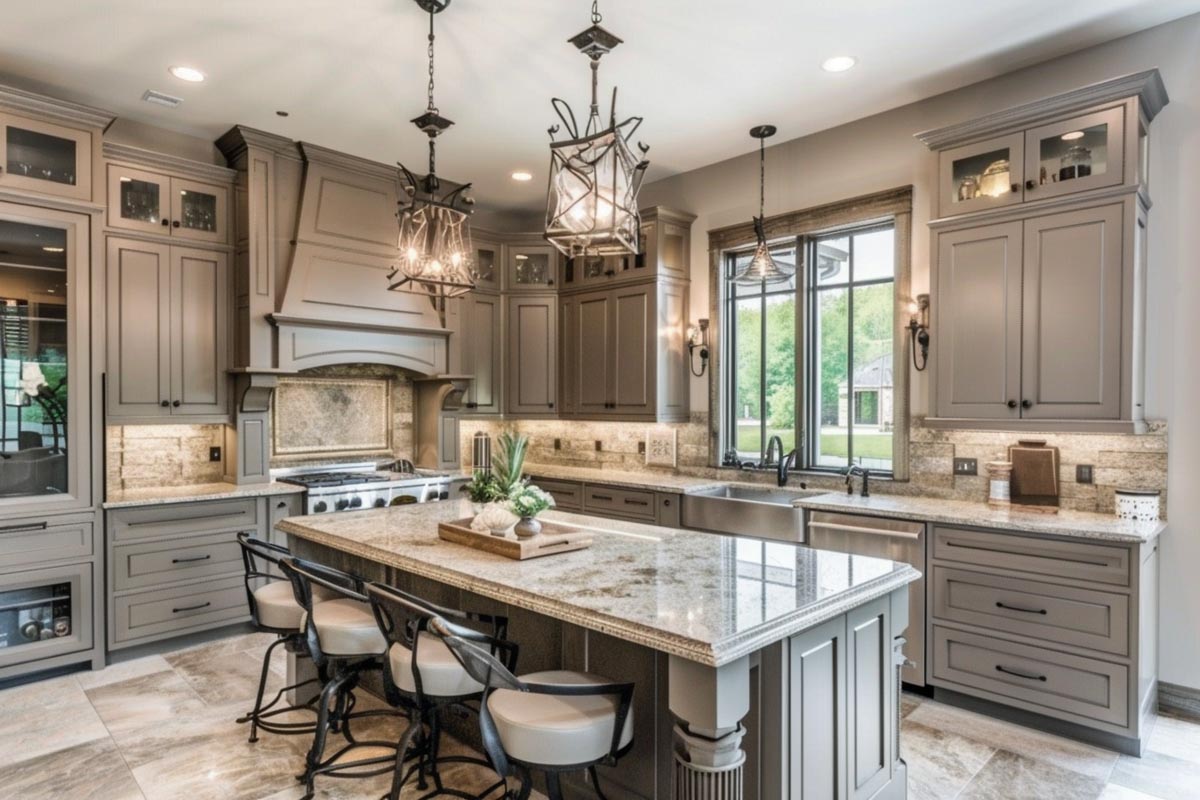 luxury kitchen with taupe cabinets island and bar stools